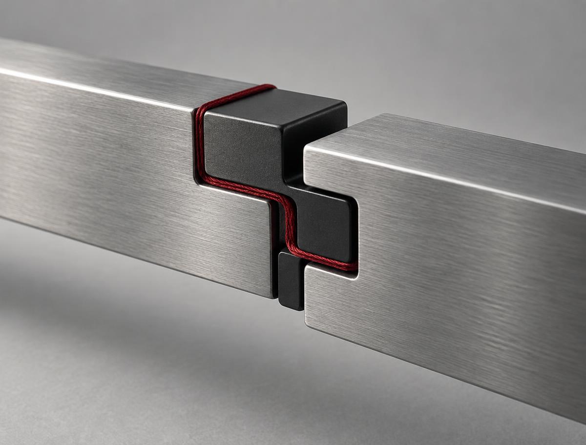 Two brushed silver beams joined by a black interlocking joint and an oxblood thread