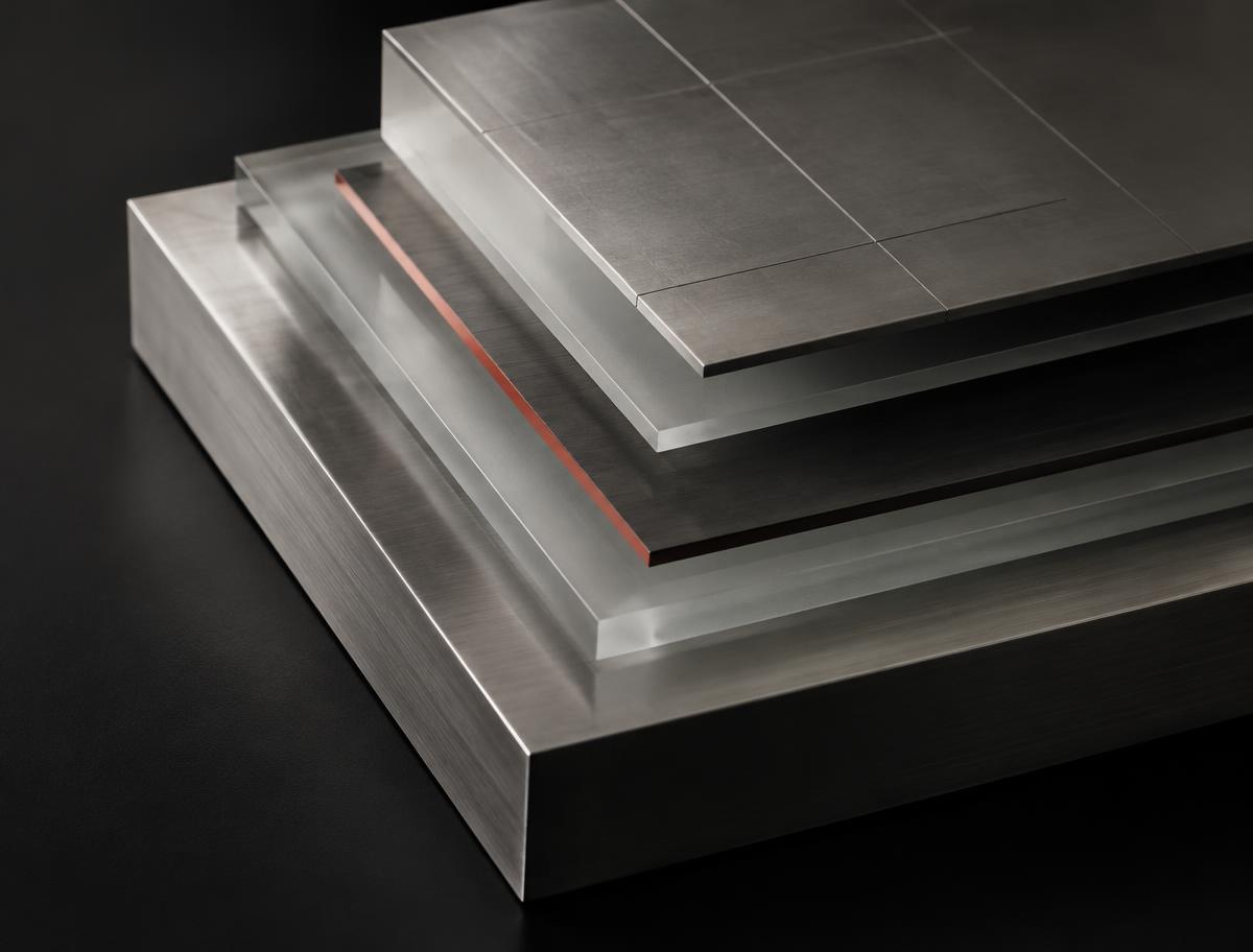 Layered brushed silver and glass plates evoking documented process architecture